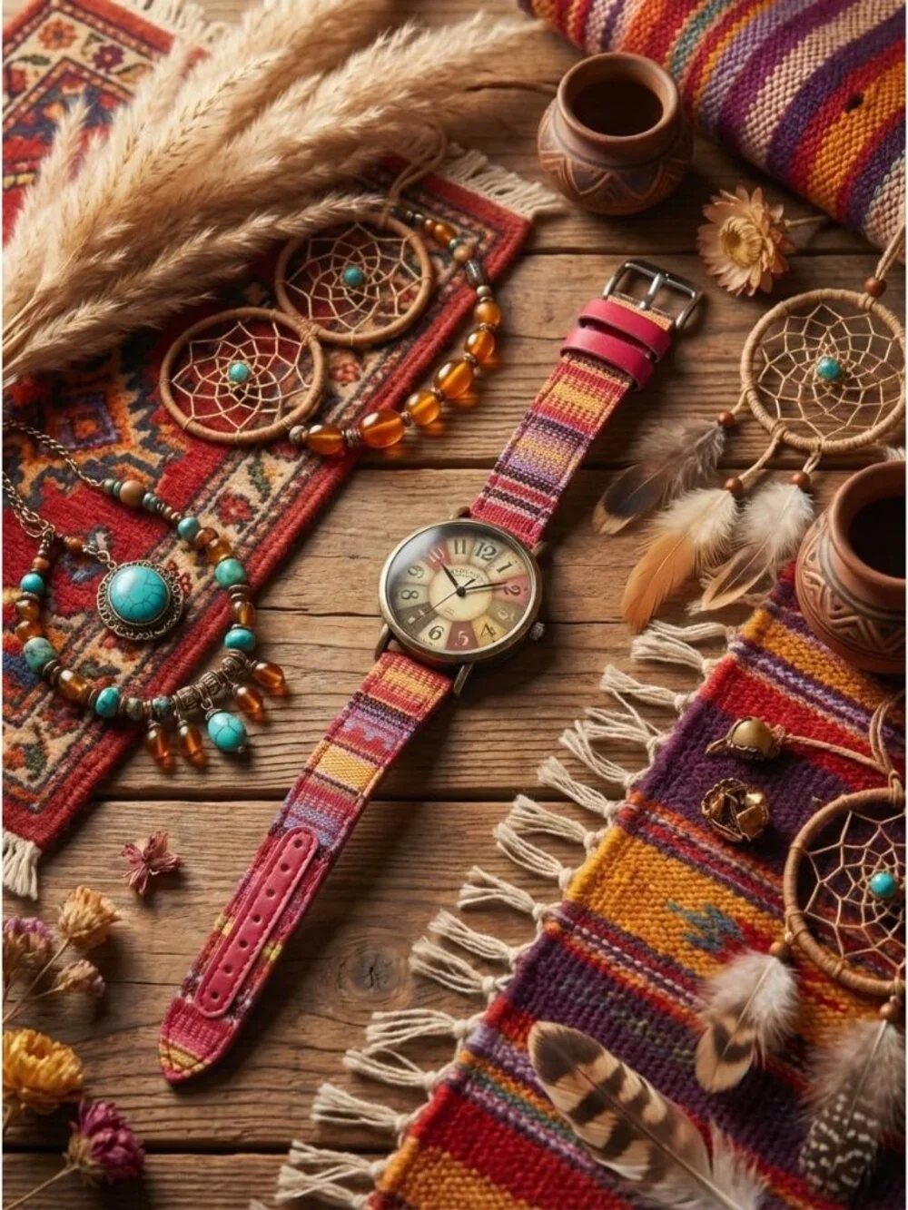 Women's Red Creative Multicolor Woven Strap Fashion Rainbow Pattern Watches